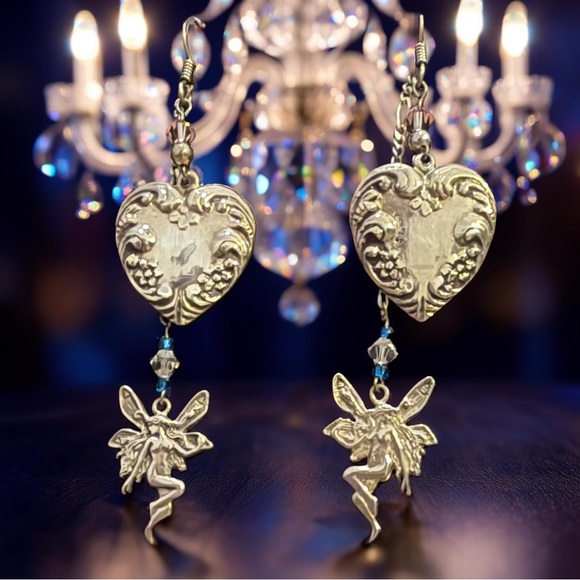 Vintage Sterling Silver Fairy Heart Dangle Earrings 925 Spring Whimsical Gift - Picture 11 of 11